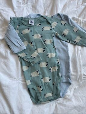 Set of 3 Petit Bateau Baby Green Sheep Print Long-Sleeve Onesies